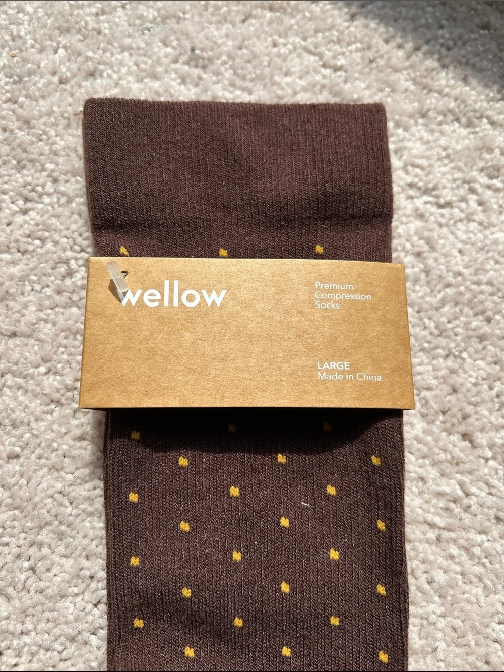 Wellow Brand Men's Brown compression Dress Socks with Small Yellow Dots